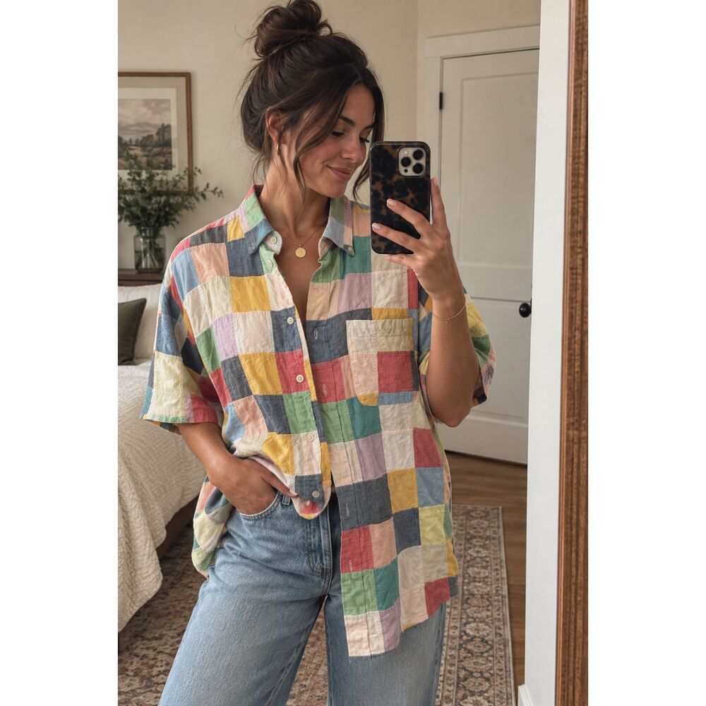 Orvis Patchwork Colorblock Cotton Button Up Shirt XL Oversized Cottagecore
